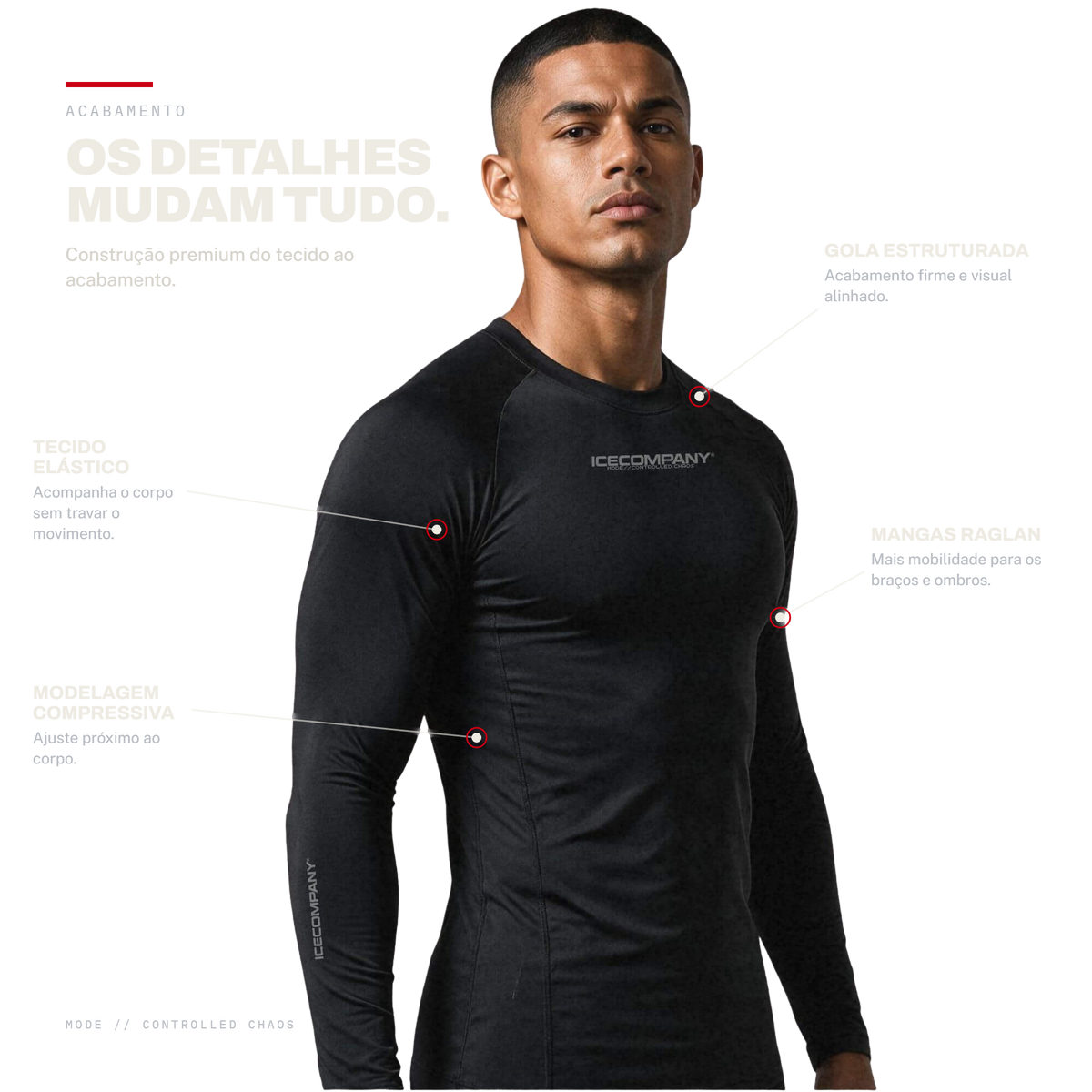 Os detalhes mudam tudo: gola estruturada, tecido elástico, mangas raglan, modelagem compressiva